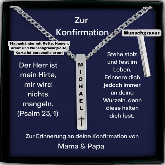 Geschenk Zur Konfirmation für Jungen Personalisierte 3d Vertikale Stab Kette Mit Namen Kreuz und Gravur, Barrenkette Sohn Konfirmation