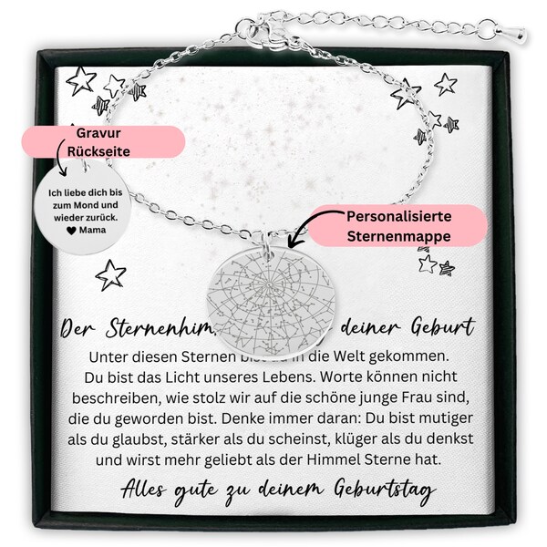 Zum Geburtstag Armband Mit Personalisierter Sternen Karte, Geburtstag Tochter Von Eltern, Kette Tochter Enkeltochter Geburtstag Mit Gravur