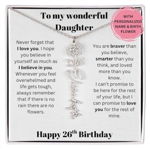 Presente de 26º aniversário para filha: colar personalizado com nome e flor de nascimento, cartão com mensagem, joia significativa da mãe ou do pai