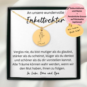 May include: A gold necklace with a round pendant featuring a rose and the name "Sarah" engraved on it. The necklace comes in a black box with a white card that reads "An unsere wundervolle Enkeltochter" and a message about being brave, strong, and smart. The card also includes the option to add a personalized engraving on the back of the pendant.