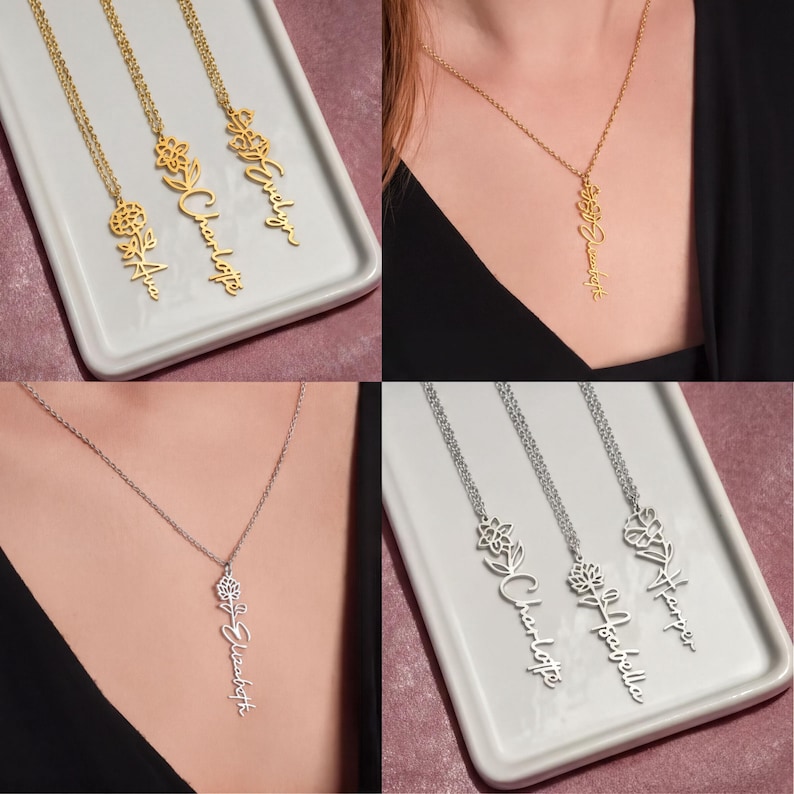 The image is a collage of four photos showing different necklaces with personalized names on them.