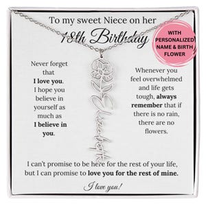 Personalisierte Geburtsblumenkette für Nichte, Geschenk zum 18. Geburtstag mit Namen & Nachrichtenkarte, personalisiertes Schmuckgeschenk für Nichte von Tante oder Onkel