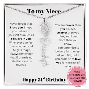 31. Geburtstagsgeschenk für Nichte Personalisierte Name & Geburtsblumenhalskette mit Nachrichtenkarte, bedeutungsvoller Schmuck von Tante oder Onkel