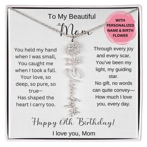 Collana con fiore di nascita, regalo per il 67° compleanno della mamma, con biglietto, regalo personalizzato per il 67° compleanno della mamma, gioiello sentimentale per lei