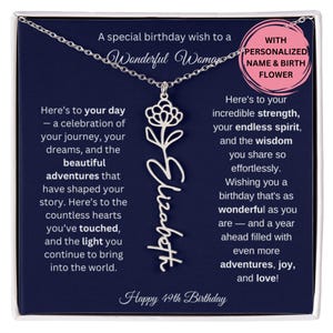 Cadeau du 49e anniversaire pour elle, collier prénom fleur de naissance avec carte, bijoux personnalisés pour femme, cadeau d'anniversaire collier prénom personnalisé