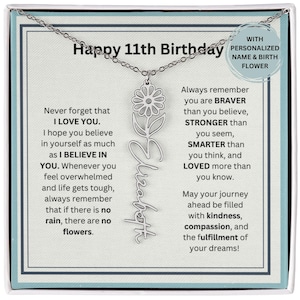 11th Birthday Gift For Her, Birth Flower Necklace Personalized Birthday Gift For Niece, Daughter, Granddaughter, Goddaughter