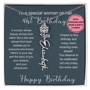 41st Birthday Silver Birthmonth Flower Necklace With Name, 41st Birthday Jewelry Gift, Personalized 41st, 41st Gift For Her, 41st For Friend