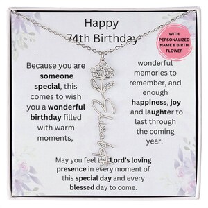74th Birthday Silver Birthmonth Flower Necklace With Name, 74th Birthday Jewelry Gift, Personalized 74th, 74th Gift For Her, 74th For Friend