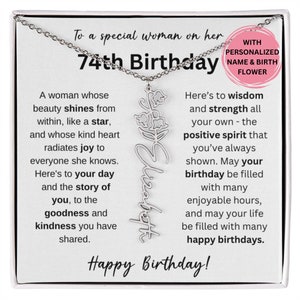74th Birthday Birth Flower  Necklace, 74th Birthday Gift, 74th Gift For Her, 74th Birthday Jewelry, 74th For Friend, 74th Silver Name, 74