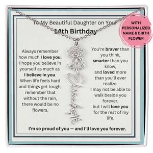 Cadeau de 14e anniversaire pour fille, collier prénom fleur de naissance avec carte, bijoux souvenir personnalisé pour adolescente