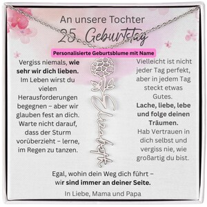 Geburtsblumen Namenskette Tochter Geschenk zum 25. Geburtstag, Personalisierte Kette mit Karte von Mama & Papa, Schmuck für Erwachsene