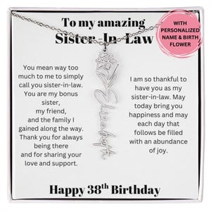 Cadeau du 38e anniversaire pour belle-sœur, collier avec fleur de naissance avec message, cadeau de bijoux personnalisés pour l'anniversaire d'une belle-sœur