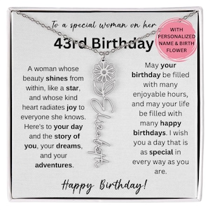 43rd Birthday Birth Month Flower Necklace, 43rd Birthday Name Necklace Gift, 43rd Birthday Gift For Her, Sterling Silver Jewelry Gift 43rd