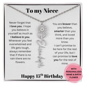 15. Geburtstagsgeschenk für Nichte Personalisierte Name & Geburtsblumenhalskette mit Nachrichtenkarte, bedeutungsvoller Schmuck von Tante oder Onkel