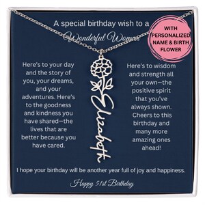 51st Birthday Birth Flower Necklace, 51st Birthday Card Name Necklace Set For Her Personalized 51st Birthday Gift Idea Sister Best Friend