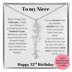 33. Geburtstagsgeschenk für Nichte Personalisierte Name & Geburtsblumenhalskette mit Nachrichtenkarte, bedeutungsvoller Schmuck von Tante oder Onkel
