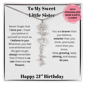 Presente de aniversário de 21 anos para irmãzinha: colar personalizado com nome e flor de nascimento com mensagem sincera, joias personalizadas de irmão ou irmã