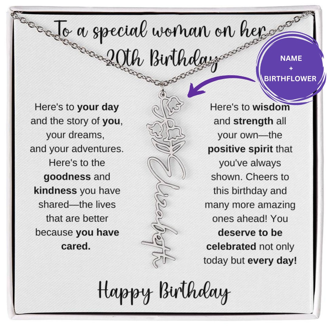 Personalized Dainty Name Necklace With Birth Flower 20th Birthday Gift