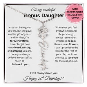 Cadeau de 20e anniversaire pour fille en prime - Collier personnalisé avec fleur de naissance avec carte de message - Bijoux significatifs de maman ou papa en prime