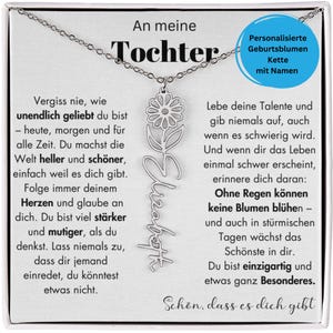 May include: A silver necklace with a daisy pendant and the name "Elizabeth" in script. The necklace is displayed on a white card with German text, including "An meine Tochter" and "Personalized Birth Flower Necklace with Name."