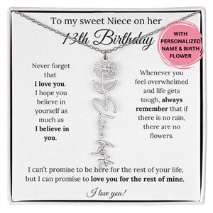 Personalisierte Geburtsblumenkette für Nichte, Geschenk zum 13.Geburtstag mit Namen & Nachrichtenkarte, personalisiertes Schmuckgeschenk für Nichte von Tante oder Onkel