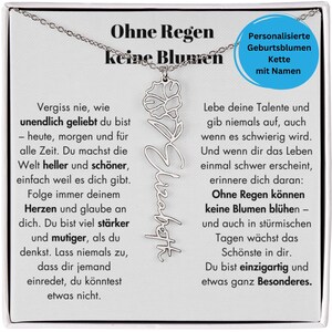 Puede incluir: Un collar plateado con un colgante floral y el nombre "Elizabeth" en escritura cursiva. El collar se muestra en una caja blanca con texto en alemán, incluyendo "Ohne Regen keine Blumen" y "Personalizado Collar de flores de nacimiento con nombres."