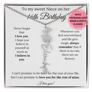Collier de fleurs de naissance personnalisé pour nièce, cadeau de 16e anniversaire avec nom et carte de message, cadeau de bijoux personnalisés pour nièce de la part d'une tante ou d'un oncle