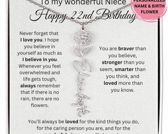 姪への22歳の誕生日プレゼント、叔母からの姪への22歳の誕生日プレゼント誕生花の名前入りネックレス、パーソナライズされた22歳の姪へのプレゼント、22歳になる姪