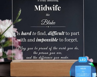 Custom Midwife Acrylic Plaque, Personalized LED Desk Name Plate with Wooden Base, Graduation, Promotion, Retirement Gift for Doula or Nurse