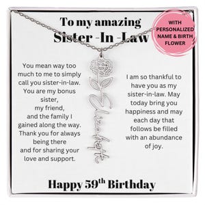 Cadeau du 59e anniversaire pour belle-sœur, collier avec fleur de naissance avec message, cadeau de bijoux personnalisés pour l'anniversaire d'une belle-sœur