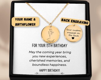 13th Birthday Gift Birth Flower Name Necklace, 13 Year Old Gift, Daughter Granddaughter Niece Birthday Gift, 13th Birthday Jewelry