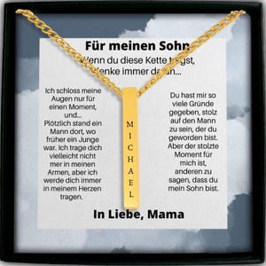 a necklace with a gold chain and a gold pendant, which is described as a "Fur meinen Sohn" necklace. The pendant is personalized with the name "Michael" and is attached to a piece of paper. The paper contains a message in German, which reads "Ich schloss meine Sohn, wenn du dieze Kette jestst, gene immer de Sohn...". The image also includes a caption that reads "In Liebe, Mama".