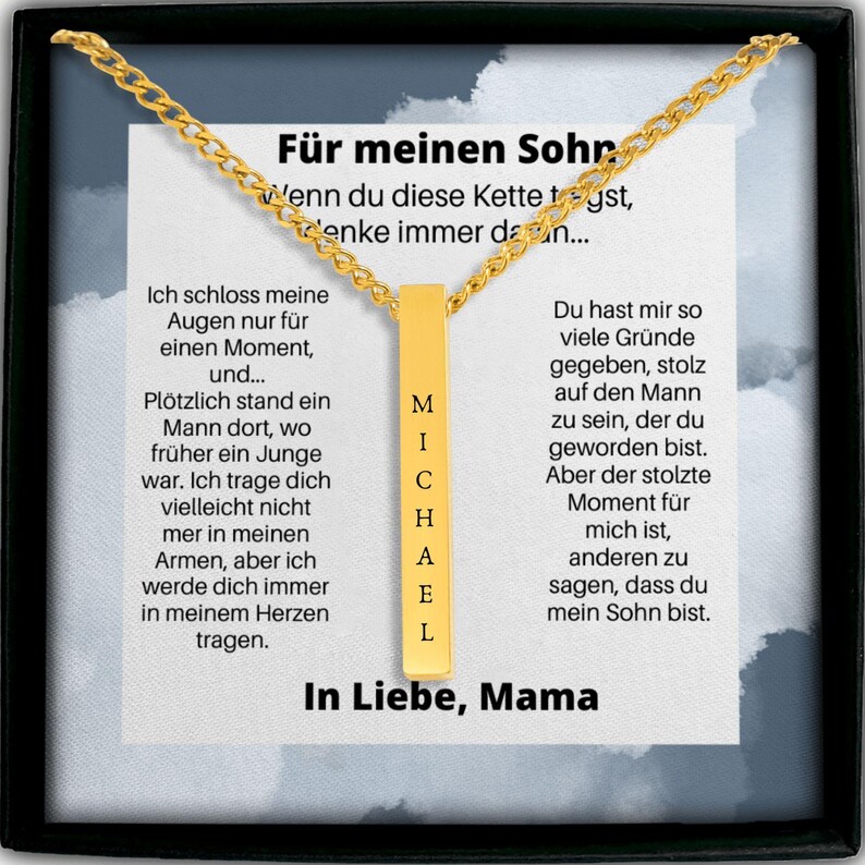 a necklace with a gold chain and a gold pendant, which is described as a "Fur meinen Sohn" necklace. The pendant is personalized with the name "Michael" and is attached to a piece of paper. The paper contains a message in German, which reads "Ich schloss meine Sohn, wenn du dieze Kette jestst, gene immer de Sohn...". The image also includes a caption that reads "In Liebe, Mama".