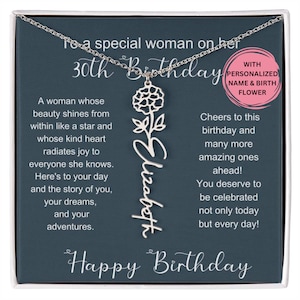 30th Birthday Silver Birthmonth Flower Necklace With Name, 30th Birthday Jewelry Gift, Personalized 30th, 30th Gift For Her, 30th For Friend