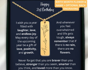 21st Birthday Name Birth Flower Necklace Personalized, 21st Birthday Gift For Her, Turning 21 Gift, 21st Birthday Necklace With Engraving