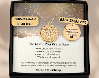 15th Birthday Gift Custom Star Map Necklace, Personalized 15th Birthday Gift For Daughter Granddaughter Niece Turning 15