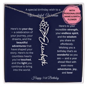Cadeau 51e anniversaire pour elle, collier prénom fleur de naissance avec carte, bijoux personnalisés pour femme, cadeau d'anniversaire collier prénom personnalisé