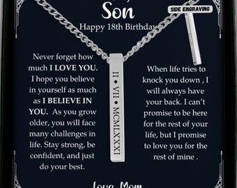 18th Birthday Personalized Roman Letter Bar Necklace With Birth Date, Son 18th Birthday, Meaningful Sentimental 18th Birthday Gift For Him