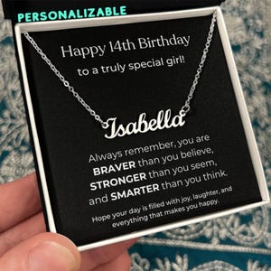 Cadeau de 14e anniversaire pour adolescente, collier prénom personnalisé avec carte, bijoux personnalisés pour fille, nièce ou petite-fille