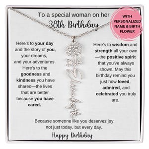 Cadeau du 38e anniversaire pour elle, collier prénom fleur de naissance avec carte de message, cadeau pour ami collègue meilleur ami femme bijoux d'anniversaire