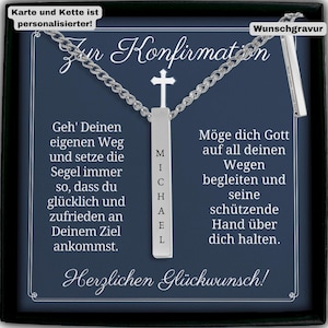 The image is a necklace with a pendant that says "An Konsirmation" in German. The pendant has a cross and the text is written in German.