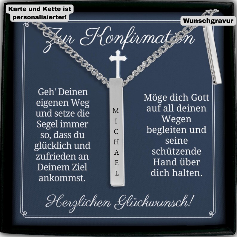 The image is a necklace with a pendant that says "An Konsirmation" in German. The pendant has a cross and the text is written in German.