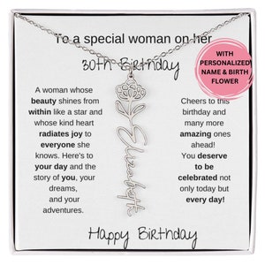 Szczęśliwy 30. urodziny Birthflower Name Necklace, prezent dla kobiety kończącej 30 lat, prezent na 30 urodziny dla niej, 30. urodziny naszyjnik wiadomość karta