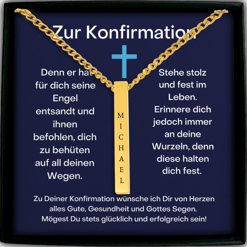 The image is a necklace with a gold chain and a gold cross pendant, accompanied by text in German.