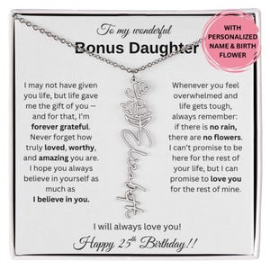 25. Geburtstagsgeschenk für Bonus Tochter - Personalisierte Geburtsblumen Namenskette mit Nachrichtenkarte - Bedeutungsvoller Schmuck von Bonus Mama oder Papa