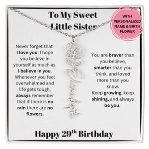 Presente de 29º aniversário para irmãzinha: colar personalizado com nome e flor de nascimento com mensagem sincera, joia personalizada de irmão ou irmã