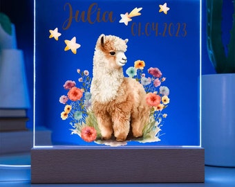 Lama Nachtlicht Personalisiert mit Namen Und Datum, Nachtlicht Baby, Nachtlampe Geschenk Mädchen Taufe, Nachtlicht Tiere Für Kinder