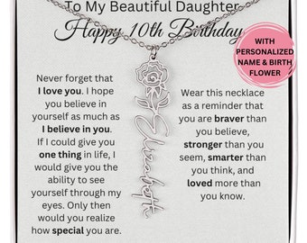 10th Birthday Necklace, Gift for Girl Turning 10, Personalized Name Necklace with Birth Month Flower, Meaningful Daughter Jewelry From Mom