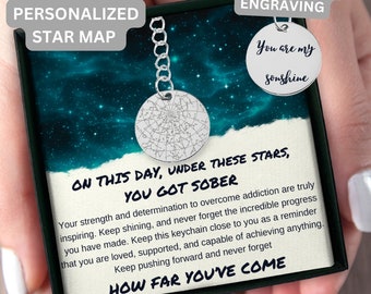 Personalized Sobriety Gift Star Map By Date, Sobriety Key Chain, Sobriety Date, Addiction Recovery Anniversary Gift, Sobriety Celebration