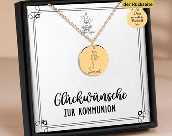 Gift Zur Kommunion Für Mädchen, Kette Mit Gravur Geburtsblume, Geschenkbox Kommunion personalisiertes Gift Mit Namen